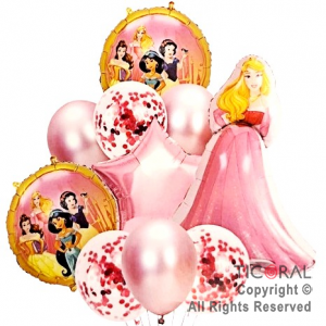 SET DE GLOBOS METALIZADOS PRINCESAS Y LATEX CON CONFETI x 10 UNIDADES